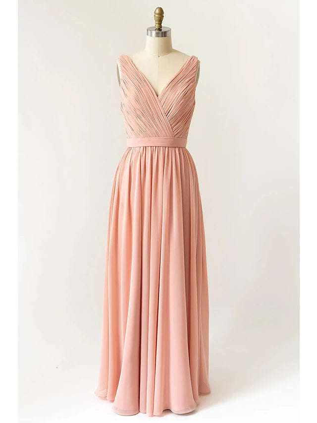 Luolandi A-Line Bridesmaid Dress V Neck Sleeveless Open Back Floor Length Chiffon with Pleats Pure Color